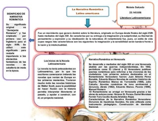 La Narrativa Romántica
Latino americana
Fue un movimiento que genero dominó sobre la literatura, originado en Europa desde finales del siglo XVIII
hasta mediados del siglo XIX .Se caracteriza por su entrega a la imaginación y la subjetividad, su libertad de
pensamiento y expresión y su idealización de la naturaleza .El romanticismo fue, pues, un estilo de vida
cuyos rasgos más característicos son los siguientes: la imaginación y la sensibilidad serán bandera frente a
la razón y la intelectualidad.
SIGNIFICADO DE
NARRATIVA
ROMÁNTICA
Su significado
original es
“Semejante
Romance” y fue
empleado por
primera vez en
Inglaterra para el
siglo XVIII. Se
utilizó este
significado para
restarle
importancia a los
elementos
fantásticos de las
novelas de
caballería de moda
en la época.
Los Inicios de la Novela
Latinoamericana
La novela no tenía antecedentes en
Latinoamérica, por lo que los
escritores comenzaron imitando las
novelas que venían de Europa en
los primeros momentos. Tuvieron
mucho éxito las novelas históricas
de Walter Scott, pues la posibilidad
de hacer ficción con la historia
permitía interpretar libremente el
pasado, y ayudar a construir, con
él, un proyecto nacional.
Narrativa Romántica en Venezuela
Se desarrolla a mediados del siglo XIX en una Venezuela
abatida por las guerras independentistas. En 1842,
periódicos como El Liberal y El Venezolano publican
poemas románticos para referirse a las vivencias de los
ciudadanos. Los primeros autores destacados en el
Romanticismo Venezolano fueron: Juan Antonio Pérez
Bonalde, Eduardo Blanco Novelas de carácter histórico de
Espíritu Romántico Blanca de Torrestella (1868), Julio
Calcaño. Novelas románticas de tono sentimental y
denuncia, Zárate (1882), Eduardo Blanco. Peonía (1890),
Manuel Romero
El Romanticismo se arraigó en Venezuela gracias a las
obras de autores como: Nicanor B. Peraza. Daniel Mendoza
Fermín Toro Cecilio Acosta Arístides Rojas
Características de la Narrativa Romántica Venezolana:
Denuncia de Injusticias Sociales. Ha sido utilizada como
instrumento pedagógico. Construcción de Identidad
Nacional.
Moisés Salcedo
25.145.656
Literatura Latinoamericana
 