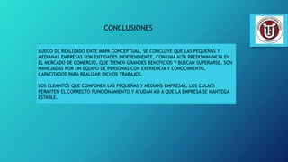 CONCLUSIONES
LUEGO DE REALIZADO ENTE MAPA CONCEPTUAL, SE CONCLUYE QUE LAS PEQUEÑAS Y
MEDIANAS EMPRESAS SON ENTIDADES INDEPENDIENTE, CON UNA ALTA PREDOMINANCIA EN
EL MERCADO DE COMERCIO, QUE TIENEN GRANDES BENEFICIOS Y BUSCAN SUPERARSE, SON
MANEJADAS POR UN EQUIPO DE PERSONAS CON EXERIENCIA Y CONOCIMIENTO,
CAPACITADOS PARA REALIZAR DICHOS TRABAJOS.
LOS ELEMNTOS QUE COMPONEN LAS PEQUEÑAS Y MEDIANS EMPRESAS, LOS CULAES
PERMITEN EL CORRECTO FUNCIONAMIENTO Y AYUDAN ASI A QUE LA EMPRESA SE MANTEGA
ESTABLE.
 