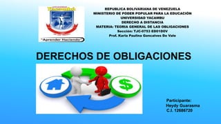 Participante:
Heydy Guarasma
C.I. 12686720
DERECHOS DE OBLIGACIONES
REPUBLICA BOLIVARIANA DE VENEZUELA
MINISTERIO DE PODER POPULAR PARA LA EDUCACIÓN
UNIVERSIDAD YACAMBU
DERECHO A DISTANCIA
MATERIA: TEORIA GENERAL DE LAS OBLIGACIONES
Sección: TJC-0753 ED01D0V
Prof. Karla Paulina Goncalves Do Vale
 