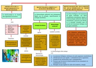 IMPORTANCIADE LA
BIODIVERSIDAD EN LA
BIOTECNOLOGÍA
La biodiversidad es la fuente
más importante de recursos.
para
1. BIOTECNOLOGÍA
2. NUEVAS
MEDICINAS
3. PRINCIPIOS
ACTIVOS
4. ORGANISMO
Dependen
Mantenimiento de
la biodiversidad.
Considera los
potenciales
riesgos
ambientales.
entiende
Mecanismos que
favorecen el
mantenimiento de
la biodiversidad
microbiana.
optimo
Los procesos
relacionados con
la
descontaminación.
BIOTECNOLOGÍA AMBIENTAL Y
ECOLOGÍA MICROBIANA
La biotecnología ambiental está íntimamente
ligado con la ecología, específicamente la
ecología microbiana.
Ecología microbiana
Biotecnología
ambiental
BIOTECNOLOGÍA DEL TRATAMIENTO
DE AGUAS RESIDUALES. EL NICHO
VACÍO DEL BIOTECNÓLOGO
Las bases biológicas del tratamiento
de aguas residuales, son ahora
considerados naturalmente ligados a
la biotecnología ambiental, dadas las
herramientas y procesos que aborda,
es la principal disciplina para el
estudio del tratamiento biológico de
las aguas residuales.
Las dinámicas poblacionales,
interacciones entre especies, y
las rápidas tasas de crecimiento
y de reacción, hacen del
tratamiento de aguas residuales
el proceso apropiado para la
aplicación de todas las
herramientas biotecnológicas.
aporta
Las bases científicas
de los procesos que
desarrolla la
biotecnología, y al
viceversa, en la
resolución de
problemas
ambientales.
Mediante la
biotecnología
Aporta avances en
procesos, nuevas
especies, y métodos
para los ecólogos
microbianos.
también se define
“Gestión de
comunidades
microbiológicas
para proporcionar
servicios a la
sociedad y al
ambiente.”
La biotecnología debe trabajar
con:
a. Los procesos biológicos intrínsecos de cada organismo (metabolismo)
b. Abordar procesos que regulan la abundancia de los organismos
c. Estudios de las interacciones inter e intraespecíficas
d. Procesos que favorecen la biodiversidad de una comunidad o la
estabilidad de la misma
e. Principios de que regulan los ciclos de la materia y energía
 