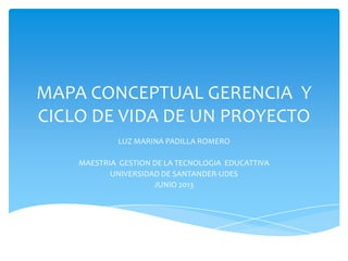 MAPA CONCEPTUAL GERENCIA Y
CICLO DE VIDA DE UN PROYECTO
LUZ MARINA PADILLA ROMERO
MAESTRIA GESTION DE LA TECNOLOGIA EDUCATTIVA
UNIVERSIDAD DE SANTANDER-UDES
JUNIO 2013
 