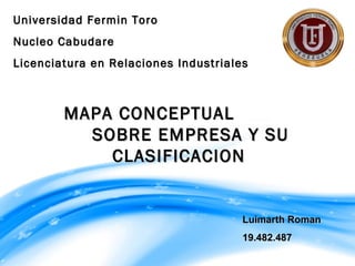 Universidad Fermin Toro
Nucleo Cabudare
Licenciatura en Relaciones Industriales



        MAPA CONCEPTUAL
          SOBRE EMPRESA Y SU
            CLASIFICACION


                                      Luimarth Roman
                                      19.482.487
 
