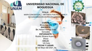 UNIVERSIDAD NACIONAL DE
MOQUEGUA
TITULO:
MAPA CONCEPTUAL – “METABOLITOS PRIMARIOS Y
SECUNDARIOS EN MICROORGANISMOS”
”
CURSO:
Biotecnología
DOCENTE:
Dr. Hebert Hernan Soto
Gonzales
ESTUDIANTE:
Rubiliz Silvana Huancco
Bravo
CICLO:
VII Ciclo
FECHA Y LUGAR:
27 de Mayo del 2021, Ilo
 