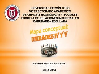 UNIVERSIDAD FERMÍN TORO
VICERECTORADO ACADÉMICO
DE CIENCIAS ECONÓMICAS Y SOCIALES
ESCUELA DE RELACIONES INDUSTRIALES
CABUDARE – EDO. LARA
González Zonia C.I 12.358.971
Julio 2013
 