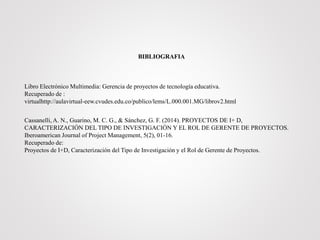 BIBLIOGRAFIA
Libro Electrónico Multimedia: Gerencia de proyectos de tecnología educativa.
Recuperado de :
virtualhttp://aulavirtual-eew.cvudes.edu.co/publico/lems/L.000.001.MG/librov2.html
Cassanelli, A. N., Guarino, M. C. G., & Sánchez, G. F. (2014). PROYECTOS DE I+ D,
CARACTERIZACIÓN DEL TIPO DE INVESTIGACIÓN Y EL ROL DE GERENTE DE PROYECTOS.
Iberoamerican Journal of Project Management, 5(2), 01-16.
Recuperado de:
Proyectos de I+D, Caracterización del Tipo de Investigación y el Rol de Gerente de Proyectos.
 
