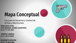 Mapa Conceptual
Ley para el Desarme y Control de
Armas y Municiones
REALIZADO POR:
LUIS MANUEL GOMEZ QUINTERO.
C.I V-17.737.282
JOSEPH LAMEDA
C.I.V.-20.215653
ELIZABETH RINCON
C.I.V.-12.803.886
 