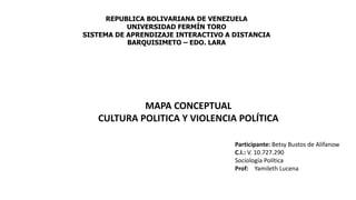 REPUBLICA BOLIVARIANA DE VENEZUELA 
UNIVERSIDAD FERMÍN TORO 
SISTEMA DE APRENDIZAJE INTERACTIVO A DISTANCIA 
BARQUISIMETO – EDO. LARA 
Participante: Betsy Bustos de Alifanow 
C.I.: V. 10.727.290 
Sociología Política 
Prof: Yamileth Lucena 
MAPA CONCEPTUAL 
CULTURA POLITICA Y VIOLENCIA POLÍTICA 
 