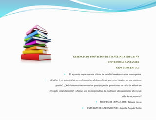GERENCIA DE PROYECTOS DE TECNOLOGIA EDUCATIVA
UNIVERSIDAD SANTANDER
MAPA CONCEPTUAL
 El siguiente mapa muestra el tema de estudio basado en varios interrogantes:
 ¿Cuál es el rol principal de un profesional en el desarrollo de proyectos basados en una excelente
gestión? ¿Qué elementos son necesarios para que pueda garantizarse un ciclo de vida de un
proyecto completamente? ¿Quiénes son los responsables de establecer adecuadamente el ciclo de
vida de un proyecto?
 PROFESOR CONSULTOR: Tatiana Navas
 ESTUDIANTE APRENDIENTE: Asprilla Angulo Merlin
 