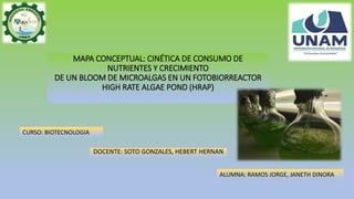 MAPA CONCEPTUAL: CINÉTICA DE CONSUMO DE
NUTRIENTES Y CRECIMIENTO
DE UN BLOOM DE MICROALGAS EN UN FOTOBIORREACTOR
HIGH RATE ALGAE POND (HRAP)
DOCENTE: SOTO GONZALES, HEBERT HERNAN
ALUMNA: RAMOS JORGE, JANETH DINORA
CURSO: BIOTECNOLOGIA
 