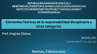 Prof.Virginia Chávez
Barinas, Febrero 2017
ElementosTeóricos de la responsabilidad disciplinaria y
otras categorías
 