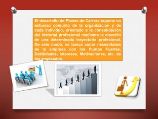 El desarrollo de Planes de Carrera supone un
esfuerzo conjunto de la organización y de
cada individuo, orientado a la consolidación
del historial profesional mediante la elección
de una determinada trayectoria profesional.
De este modo, se busca aunar necesidades
de la empresa con los Puntos Fuertes,
Debilidades, Intereses, Motivaciones, etc. de
los empleados.
 