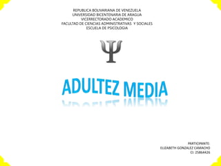 REPUBLICA BOLIVARIANA DE VENEZUELA
UNIVERSIDAD BICENTENARIA DE ARAGUA
VICERRECTORADO ACADEMICO
FACULTAD DE CIENCIAS ADMINISTRATIVAS Y SOCIALES
ESCUELA DE PSICOLOGIA
PARTICIPANTE:
ELIZABETH GONZALEZ CAMACHO
CI: 25864426
 