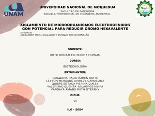 AISLAMIENTO DE MICROORGANISMOS ELECTROGENICOS
CON POTENCIAL PARA REDUCIR CROMO HEXAVALENTE
DOCENTE:
SOTO GONZALES HEBERT HERNAN
CURSO:
BIOTECNOLOGIA
ESTUDIANTES:
COAQUIRA PACSI KAREN SOFIA
LEYTON MERCADO SHIRLLY CARMELINA
QUISPE ESTACA PIERINA CIALEY
VALERIANO QUENTA MILAGROS NINFA
VARGAYA AMARU RUTH STEFANY
CICLO:
VII
ILO - 2024
UNIVERSIDAD NACIONAL DE MOQUEGUA
FACULTAD DE INGENIERIA
ESCUELA PROFESIONAL DE INGENIERIA AMBIENTAL
AUTORES:
ALEXANDER MORA COLLAZOS Y ENRIQUE BRAVO MONTAÑO
 