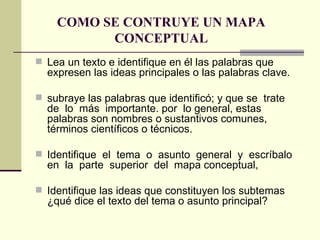 COMO SE CONTRUYE UN MAPA
          CONCEPTUAL
 Lea un texto e identifique en él las palabras que
  expresen las ideas principales o las palabras clave.

 subraye las palabras que identificó; y que se trate
  de lo más importante. por lo general, estas
  palabras son nombres o sustantivos comunes,
  términos científicos o técnicos.

 Identifique el tema o asunto general y escríbalo
  en la parte superior del mapa conceptual,

 Identifique las ideas que constituyen los subtemas
  ¿qué dice el texto del tema o asunto principal?
 