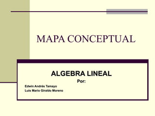 MAPA CONCEPTUAL


                 ALGEBRA LINEAL
                            Por:
Edwin Andrés Tamayo
Luis Mario Giraldo Moreno
 