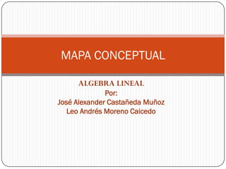 MAPA CONCEPTUAL

     ALGEBRA LINEAL
              Por:
José Alexander Castañeda Muñoz
   Leo Andrés Moreno Caicedo
 
