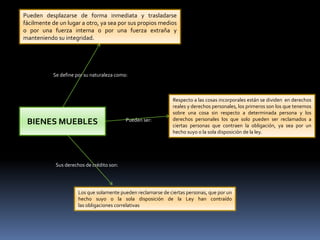 BIENES MUEBLES
Se define por su naturaleza como:
Pueden ser:
Sus derechos de crédito son:
Pueden desplazarse de forma inmediata y trasladarse
fácilmente de un lugar a otro, ya sea por sus propios medios
o por una fuerza interna o por una fuerza extraña y
manteniendo su integridad.
Respecto a las cosas incorporales están se dividen en derechos
reales y derechos personales, los primeros son los que tenemos
sobre una cosa sin respecto a determinada persona y los
derechos personales los que solo pueden ser reclamados a
ciertas personas que contraen la obligación, ya sea por un
hecho suyo o la sola disposición de la ley.
Los que solamente pueden reclamarse de ciertas personas, que por un
hecho suyo o la sola disposición de la Ley han contraído
las obligaciones correlativas
 