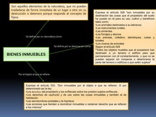 BIENES INMUEBLES
Se define por su naturaleza como:
Son aquellos elementos de la naturaleza, que no pueden
trasladarse de forma inmediata de un lugar a otro sin su
destrucción o deterioro porque responde al concepto de
fijeza.
Se define por su destinación como:
Expresa el artículo 528 "son inmuebles por su
destinación las cosas que el propietario del suelo
ha puesto en él para su uso, cultivo y beneficios
tales como:
•Los animales destinados a su labranza.
•Los instrumentos rurales.
•Las simientes
•Los forrajes y abonos
•Las prensas, coladero, alambiques, cubas y
toneles
•Los viveros de animales
Según el artículo 529
"Todos los objetos muebles que el propietario han
destinado a un terreno o edificio para que
permanezcan con él constantemente, o que no se
puedan separar sin romperse o deteriorarse la
parte del terreno o edificios a que estén sujetos"
Por el objeto al que se refiere:
Expresa el artículo 533. “Son inmuebles por el objeto a que se refieren. O por
determinarlo así la ley:
•Los derechos del propietario y los enfiteutas sobre los predios sujetos enfiteusis.
•Los derechos de usufructo y de uso sobre las cosas inmuebles y también el de
habitación.
•Las servidumbres prediales y la hipoteca.
•Las acciones que tiendan a reivindicar inmuebles o reclamar derecho que se refieran
a los mismos"
 
