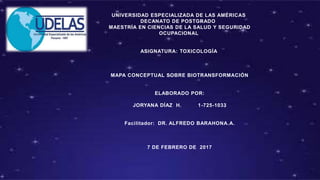 UNIVERSIDAD ESPECIALIZADA DE LAS AMÉRICAS
DECANATO DE POSTGRADO
MAESTRÍA EN CIENCIAS DE LA SALUD Y SEGURIDAD
OCUPACIONAL
ASIGNATURA: TOXICOLOGÍA
MAPA CONCEPTUAL SOBRE BIOTRANSFORMACIÓN
ELABORADO POR:
JORYANA DÍAZ H. 1-725-1033
Facilitador: DR. ALFREDO BARAHONA.A.
7 DE FEBRERO DE 2017
 