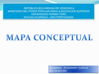 REPÚBLICA BOLIVARIANA DE VENEZUELA
MINISTERIO DEL PODER POPULAR PARA LA EDUCACIÓN SUPERIOR
                 UNIVERSIDAD FERMIN TORO
            NÚCLEO ACARIGUA – EDO.PORTUGUESA




                            ALUMNAS : ROSSMARY GARCIA
                            C.I: 18.843.840
 