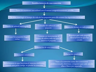 Establecimiento de una conexión


              Tratar de mantener una subred con el menor congestionamiento posible


       Se debe restringir el tiempo de vida de los paquetes para ello existen las siguientes técnicas



 Diseño de subred restringida             Contador de saltos en cada
                                                 paquete                      Marca de tiempo en cada paquete



                                         Consiste en incrementar el               Requiere que cada paquete
  Evita que los paquetes hagan                                                     lleve la hora en que fue
              ciclos                   conteo de saltos cada vez que se
                                             reenvía el paquete                             creado



                                       Liberación de una conexión



              Liberación asimétrica                                          Liberación simétrica



                                                                Trata a la conexión como dos conexiones
Es la manera en que funciona el sistema telefónico,       unidireccionales distintas, y requiere que cada una de
 cuando una parte cuelga, se pierde la conexión.                        ellas e libere por separado.
 