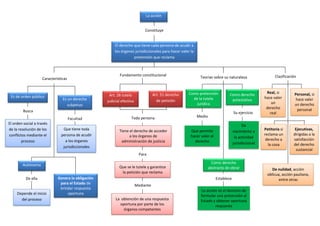 La acción
Constituye
El derecho que tiene cada persona de acudir a
los órganos jurisdiccionales para hacer valer la
pretensión que reclama
Características
Es de orden público
Busca
El orden social a través
de la resolución de los
conflictos mediante el
proceso
Es un derecho
subjetivo
Facultad
Que tiene toda
persona de acudir
a los órganos
jurisdiccionales
Autónoma
De ella
Depende el inicio
del proceso
Genera la obligación
para el Estado de
brindar respuesta
oportuna
Art. 26 tutela
judicial efectiva
Art. 51 derecho
de petición
Fundamento constitucional
Toda persona
Tiene el derecho de acceder
a los órganos de
administración de justicia
Para
Que se le tutele y garantice
la petición que reclama
Mediante
La obtención de una respuesta
oportuna por parte de los
órganos competentes
Teorías sobre su naturaleza
Como pretensión
de la tutela
jurídica
Como derecho
potestativo
Medio
Que permite
hacer valer el
derecho
Su ejercicio
Da
nacimiento a
la actividad
jurisdiccional
Como derecho
abstracto de obrar
Establece
La acción es el derecho de
formular una pretensión al
Estado y obtener oportuna
respuesta
Clasificación
Real, si
hace valer
un
derecho
real
Personal, si
hace valer
un derecho
personal
Petitoria si
reclama un
derecho a
la cosa
Ejecutivas,
dirigidas a la
satisfacción
del derecho
sustancial
De nulidad, acción
oblicua, acción pauliana,
entre otras
 