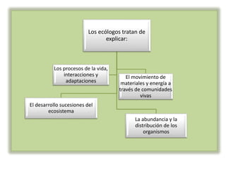 Los ecólogos tratan de
explicar:
El desarrollo sucesiones del
ecosistema
El movimiento de
materiales y energía a
través de comunidades
vivas
La abundancia y la
distribución de los
organismos
Los procesos de la vida,
interacciones y
adaptaciones
 