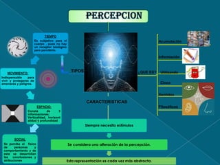 TIEMPO
                        Es subjetivo para el                                                     Acumulación
                        cuerpo , pues no hay
                        un receptor biológico
                        para percibirlo.

                                                                                                 Información



     MOVIMIENTO:
                                                 TIPOS                                ¿QUE ES?    Utilizando
Indispensable    para
vivir y protegerse de
amenazas y peligros.                                                                             Cinco


                                                                                                 Sentidos
                                                          CARACTERISTICAS
                       ESPACIO:                                                                  Filosóficos
                 Consta       de      3
                 informaciones:
                 Verticalidad, horizont
                 alidad ý profundidad
                                                         Siempre necesita estímulos


        SOCIAL
 Se percibe el físico                           Se considera una alteración de la percepción.
 de     personas    y
 comportamiento y de
 este se desarrollan
 las conclusiones y
 atribuciones                               Esta representación es cada vez más abstracta.
 