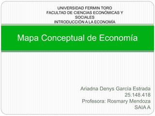 Ariadna Denys García Estrada
25.148.418
Profesora: Rosmary Mendoza
SAIA A
Mapa Conceptual de Economía
UNIVERSIDAD FERMIN TORO
FACULTAD DE CIENCIAS ECONÓMICAS Y
SOCIALES
INTRODUCCIÓN A LA ECONOMÍA
 