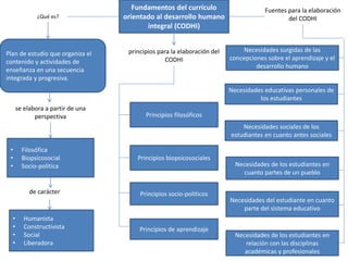 Fundamentos del currículo
orientado al desarrollo humano
integral (CODHI)
¿Qué es?
Plan de estudio que organiza el
contenido y actividades de
enseñanza en una secuencia
integrada y progresiva.
se elabora a partir de una
perspectiva
• Filosófica
• Biopsicosocial
• Socio-politica
de carácter
• Humanista
• Constructivista
• Social
• Liberadora
principios para la elaboración del
CODHI
Principios filosóficos
Principios biopsicosociales
Principios socio-politicos
Principios de aprendizaje
Fuentes para la elaboración
del CODHI
Necesidades surgidas de las
concepciones sobre el aprendizaje y el
desarrollo humano
Necesidades educativas personales de
los estudiantes
Necesidades sociales de los
estudiantes en cuanto antes sociales
Necesidades de los estudiantes en
relación con las disciplinas
académicas y profesionales
Necesidades del estudiante en cuanto
parte del sistema educativo
Necesidades de los estudiantes en
cuanto partes de un pueblo
 