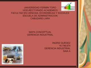 UNIVERSIDAD FERMIN TORO
        VICE-RECTORADO ACADEMICO
FACULTAD EN CIENCIAS, ECONOMICAS Y SOCIALES
        ESCUELA DE ADMINISTRACION
              CABUDARE-LARA




            MAPA CONCEPTUAL
           GERENCIA INDUSTRIAL


                             INGRID GUEDEZ
                                   16.796.674
                        GERENCIA INDUSTRIAL
                                       SAIA A
 