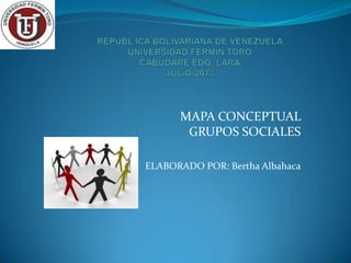 MAPA CONCEPTUAL
GRUPOS SOCIALES
ELABORADO POR: Bertha Albahaca
 