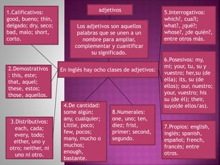 adjetivos
Los adjetivos son aquellos
palabras que se unen a un
nombre para ampliar,
complementar y cuantificar
su significado.
En inglés hay ocho clases de adjetivos:
3.Distributivos:
each, cada;
every, todo;
either, uno y
otro; neither, ni
uno ni otro.
2.Demostrativos
: this, este;
that, aquel;
these, estos;
those, aquellos.
4.De cantidad:
some algún;
any, cualquier;
Little, poco;
few, pocos;
many, mucho o
muchos;
enough,
bastante.
1.Calificativos:
good, bueno; thin,
delgado; dry, seco;
bad, malo; short,
corto.
6.Posesivos: my,
mi; your, tu, su y
vuestro; her,su (de
ella); its, su (de
ellos); our, nuestro;
your, vuestro; his
su (de él); their,
suyo(de ellos/as).
5.Interrogativos:
which?, cua?l;
what?, ¿qué?;
whose?, ¿de quién?,
entre otros más.
7.Propios: english,
inglés; spanish,
español; french,
francés; entre
otros.
8.Numerales:
one, uno; ten,
diez; frist,
primer; second,
segundo.
 