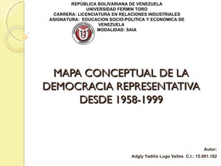 REPÚBLICA BOLIVARIANA DE VENEZUELA
              UNIVERSIDAD FERMIN TORO
  CARRERA: LICENCIATURA EN RELACIONES INDUSTRIALES
 ASIGNATURA: EDUCACION SOCIO-POLITICA Y ECONOMICA DE
                   VENEZUELA
                   MODALIDAD: SAIA




  MAPA CONCEPTUAL DE LA
DEMOCRACIA REPRESENTATIVA
      DESDE 1958-1999



                                                                   Autor:
                                Adgly Yadilis Lugo Valles C.I.: 15.981.182
 