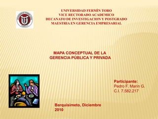 UNIVERSIDAD FERMÌN TORO
     VICE RECTORADO ACADEMICO
DECANATO DE INVESTIGACION Y POSTGRADO
  MAESTRIA EN GERENCIA EMPRESARIAL




  MAPA CONCEPTUAL DE LA
 GERENCIA PÚBLICA Y PRIVADA




                               Participante:
                               Pedro F. Marín G.
                               C.I. 7.582.217


    Barquisimeto, Diciembre
    2010
 
