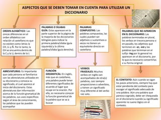 ASPECTOS QUE SE DEBEN TOMAR EN CUENTA PARA UTILIZAR UN
DICCIONARIO
ORDEN ALFABÉTICO: Las
únicas diferencias en el
orden alfabético con
relación al castellano es que
no existen como letras la
CH, LL y Ñ. Por lo tanto, la
CH se encuentra dentro de
la C y la LL dentro de la L
ABREVIATURAS: Es importante
que cada persona se familiarice
con las abreviaturas utilizadas en
su diccionario y conozca su
significado, el cual aparece al
inicio del diccionario. Estas
abreviaturas dan información
acerca de la función gramatical de
las palabras, sus usos específicos
según el área de conocimiento,
las palabras que las pueden
acompañar
PALABRAS O SÍLABAS
GUÍA: Estas aparecen en la
parte superior de la página de
la mayoría de los diccionarios
bilingües para indicar la
primera palabra/sílaba (guía
izquierda) y la última
palabra/sílaba (guía derecha).
FUNCIÓN
GRAMATICAL: En inglés,
más que en castellano,
una palabra puede tener
diferentes significados de
acuerdo al lugar que
ocupe en la oración. Por
ello, es necesario conocer
la función gramatical de
la palabra que se va a
buscar
PALABRAS
COMPUESTAS: Las
palabras compuestas, las
cuales pueden ser
adjetivos o sustantivos a
veces no tienen un
equivalente directo en
castellano
VERBOS
FRASEALES: Muchos
verbos en inglés van
acompañados de otra(s)
palabras, casi siempre
preposiciones o adverbios,
y tienen un significado
muy diferente al del verbo
raíz solo.
EL CONTEXTO: Aún cuando se sigan
los pasos anteriores, siempre hay que
estar pendiente del contexto para
escoger el significado adecuado de
una palabra. Aún una palabra que
parezca cognado, debe ser chequeada
en el diccionario cuando su significado
aparente no suene lógico en el
contexto.
PALABRAS QUE NO APARECEN
EN EL DICCIONARIO: Las
palabras terminadas en plural,
los verbos en trecera persona o
en pasado, los adjetivos que
terminen en -er, -est y las
palabras que terminan en el
sufijo -ing por lo general no
aparecen en el diccionario, por
lo que es necesario convertirlas
a su forma original.
 