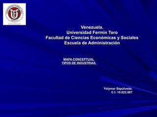 Venezuela.
          Universidad Fermín Toro
Facultad de Ciencias Económicas y Sociales
         Escuela de Administración


        MAPA CONCEPTUAL
       TIPOS DE INDUSTRIAS.




                              Yolymar Sepúlveda.
                                   C.I: 10.822.887
 