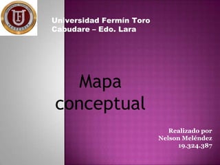 Universidad Fermín Toro
Cabudare – Edo. Lara

Mapa
conceptual
Realizado por
Nelson Meléndez
19.324.387

 