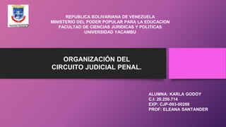REPUBLICA BOLIVARIANA DE VENEZUELA
MINISTERIO DEL PODER POPULAR PARA LA EDUCACION
FACULTAD DE CIENCIAS JURIDICAS Y POLITICAS
UNIVERSIDAD YACAMBU
ORGANIZACIÓN DEL
CIRCUITO JUDICIAL PENAL.
ALUMNA: KARLA GODOY
C.I: 20.250.714
EXP: CJP-093-00288
PROF: ELEANA SANTANDER
 