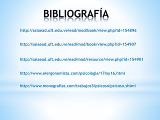 http://saiaead.uft.edu.ve/ead/mod/book/view.php?id=154896
http://saiaead.uft.edu.ve/ead/mod/resource/view.php?id=154901
http://saiaead.uft.edu.ve/ead/mod/book/view.php?id=154907
http://www.elergonomista.com/psicologia/17my16.html
http://www.monografias.com/trabajos5/psicoso/psicoso.shtml
 
