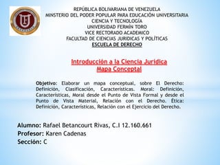 Alumno: Rafael Betancourt Rivas, C.I 12.160.661
Profesor: Karen Cadenas
Sección: C
Introducción a la Ciencia Jurídica
Mapa Conceptal
REPÚBLICA BOLIVARIANA DE VENEZUELA
MINSTERIO DEL PODER POPULAR PARA EDUCACIÓN UNIVERSITARIA
CIENCIA Y TECNOLOGÍA
UNIVERSIDAD FERMÍN TORO
VICE RECTORADO ACADEMICO
FACULTAD DE CIENCIAS JURIDICAS Y POLÍTICAS
ESCUELA DE DERECHO
Objetivo: Elaborar un mapa conceptual, sobre El Derecho:
Definición, Clasificación, Características. Moral: Definición,
Características, Moral desde el Punto de Vista Formal y desde el
Punto de Vista Material, Relación con el Derecho. Ética:
Definición, Características, Relación con el Ejercicio del Derecho.
 