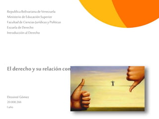 RepublicaBolivarianadeVenezuela
Ministerio deEducaciónSuperior
FacultaddeCiencias JurídicasyPolíticas
EscueladeDerecho
Introducciónal Derecho
El derechoy su relacióncon la ética yla moral
DessireéGómez
20.008.266
I año
 