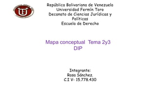 República Bolivariana de Venezuela
Universidad Fermín Toro
Decanato de Ciencias Jurídicas y
Políticas
Escuela de Derecho
Integrante:
Rosa Sánchez.
C.I V- 15.778.430
Mapa conceptual Tema 2y3
DIP
 