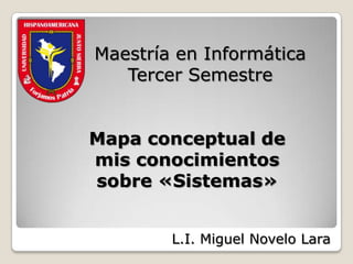 Maestría en Informática
   Tercer Semestre


Mapa conceptual de
mis conocimientos
sobre «Sistemas»


        L.I. Miguel Novelo Lara
 