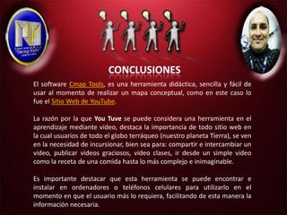 El software Cmap Tools, es una herramienta didáctica, sencilla y fácil de
usar al momento de realizar un mapa conceptual, como en este caso lo
fue el Sitio Web de YouTube.

La razón por la que You Tuve se puede considera una herramienta en el
aprendizaje mediante video, destaca la importancia de todo sitio web en
la cual usuarios de todo el globo terráqueo (nuestro planeta Tierra), se ven
en la necesidad de incursionar, bien sea para: compartir e intercambiar un
video, publicar videos graciosos, video clases, ir desde un simple video
como la receta de una comida hasta lo más complejo e inimaginable.

Es importante destacar que esta herramienta se puede encontrar e
instalar en ordenadores o teléfonos celulares para utilizarlo en el
momento en que el usuario más lo requiera, facilitando de esta manera la
información necesaria.
 
