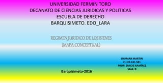 UNIVERSIDAD FERMIN TORO
DECANATO DE CIENCIAS JURIDICAS Y POLITICAS
ESCUELA DE DERECHO
BARQUISIMETO. EDO_LARA
REGIMEN JURIDICO DE LOS BIENES
(MAPA CONCEPTUAL)
DAYMAR MARTIN
C.I:20.241.581
PROF: EMILYS RAMÍREZ
SAIA: D
Barquisimeto-2016
 