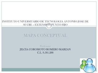 INSTITUTO UNIVERSITARIO DE TECNOLOGIA ANTONIO JOSE DE
             SUCRE – EXTENSION PUNTO FIJO



             MAPA CONCEPTUAL

                       Profesora:
          JILCIA COROMOTO ROMERO MARZAN
                     C.I.. 9.581.288
 