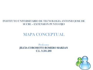 INSTITUTO UNIVERSITARIO DE TECNOLOGIA ANTONIO JOSE DE
             SUCRE – EXTENSION PUNTO FIJO



             MAPA CONCEPTUAL

                       Profesora:
          JILCIA COROMOTO ROMERO MARZAN
                     C.I.. 9.581.288
 