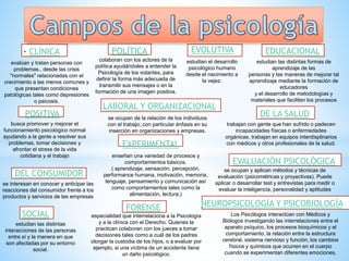 · CLÍNICA POLÍTICA EDUCACIONALEVOLUTIVA
POSITIVA
LABORAL Y ORGANIZACIONAL
DE LA SALUD
DEL CONSUMIDOR
EXPERIMENTAL
SOCIAL
evalúan y tratan personas con
problemas., desde las crisis
"normales" relacionadas con el
crecimiento a las menos comunes y
que presentan condiciones
patológicas tales como depresiones
o psicosis.
estudian el desarrollo
psicológico humano
desde el nacimiento a
la vejez.
busca promover y mejorar el
funcionamiento psicológico normal
ayudando a la gente a resolver sus
problemas, tomar decisiones y
afrontar el stress de la vida
cotidiana y el trabajo
trabajan con gente que han sufrido o padecen
incapacidades físicas o enfermedades
orgánicas, trabajan en equipos interdisplinarios
con médicos y otros profesionales de la salud.
se ocupan de la relación de los individuos
con el trabajo, con particular énfasis en su
inserción en organizaciones y empresas.
se interesan en conocer y anticipar las
reacciones del consumidor frente a los
productos y servicios de las empresas
colaboran con los actores de la
política ayudándoles a entender la
Psicología de los votantes, para
definir la forma más adecuada de
transmitir sus mensajes o en la
formación de una imagen positiva.
estudian las distintas formas de
aprendizaje de las
personas y las maneras de mejorar tal
aprendizaje mediante la formación de
educadores
y el desarrollo de metodologías y
materiales que faciliten los procesos
enseñan una variedad de procesos y
comportamientos básicos.
( aprendizaje, sensación, percepción,
performance humana, motivación, memoria,
lenguaje, pensamiento y comunicación así
como comportamientos tales como la
alimentación, lectura.)
estudian las distintas
interacciones de las personas
entre sí y la manera en que
son afectadas por su entorno
social.
EVALUACIÓN PSICOLÓGICA
se ocupan y aplican métodos y técnicas de
evaluación (psicométricas y proyectivas). Puede
aplicar o desarrollar test y entrevistas para medir o
evaluar la inteligencia, personalidad y aptitudes
especialidad que interrelaciona a la Psicología
y a la clínica con el Derecho. Quienes la
practican colaboran con los jueces a tomar
decisiones tales como a cuál de los padres
otorgar la custodia de los hijos, o a evaluar por
ejemplo, si una víctima de un accidente tiene
un daño psicológico.
FORENSE NEUROPSICOLOGÍA Y PSICOBIOLOGÍA
Los Psicólogos interactúan con Médicos y
Biólogos investigando las interrelaciones entre el
aparato psíquico, los procesos bioquímicos y el
comportamiento, la relación entre la estructura
cerebral, sistema nervioso y función, los cambios
físicos y químicos que ocurren en el cuerpo
cuando se experimentan diferentes emociones.
 