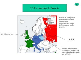 5.3 La invasión de Polonia El pacto de No Agresión germano-soviético tuvo como primera consecuencia el reparto de Polonia entre las dos potencias U.R.S.S. ALEMANIA Polonia es invadida por Alemania el 1-9-1939. La parte oriental será ocupada por la URSS 28 